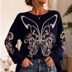 Navy Sweater with Butterfly Design